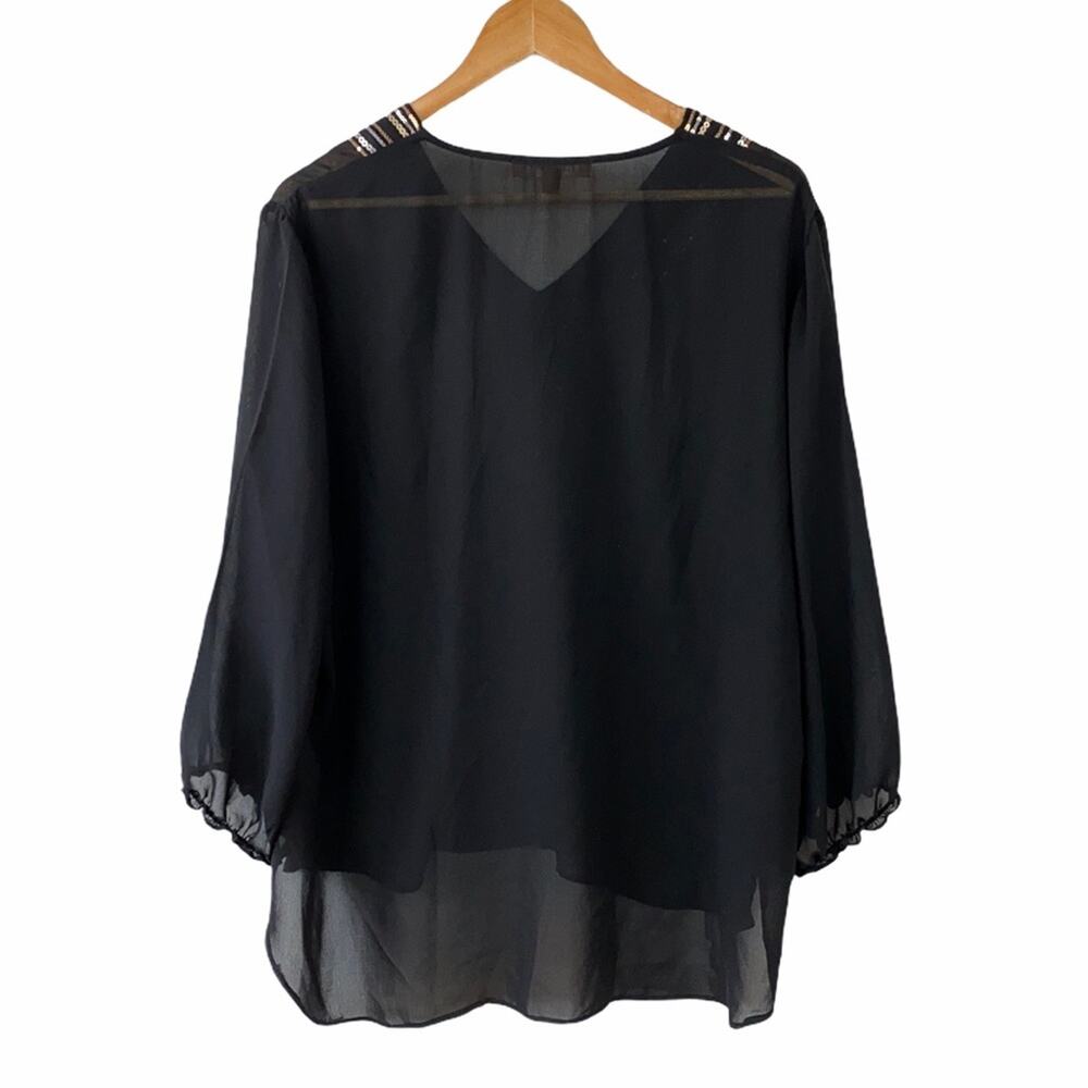 Ellen Tracy Black Sheer Sequined V-Neck Tunic Top XL High Low - Picture 8 of 9